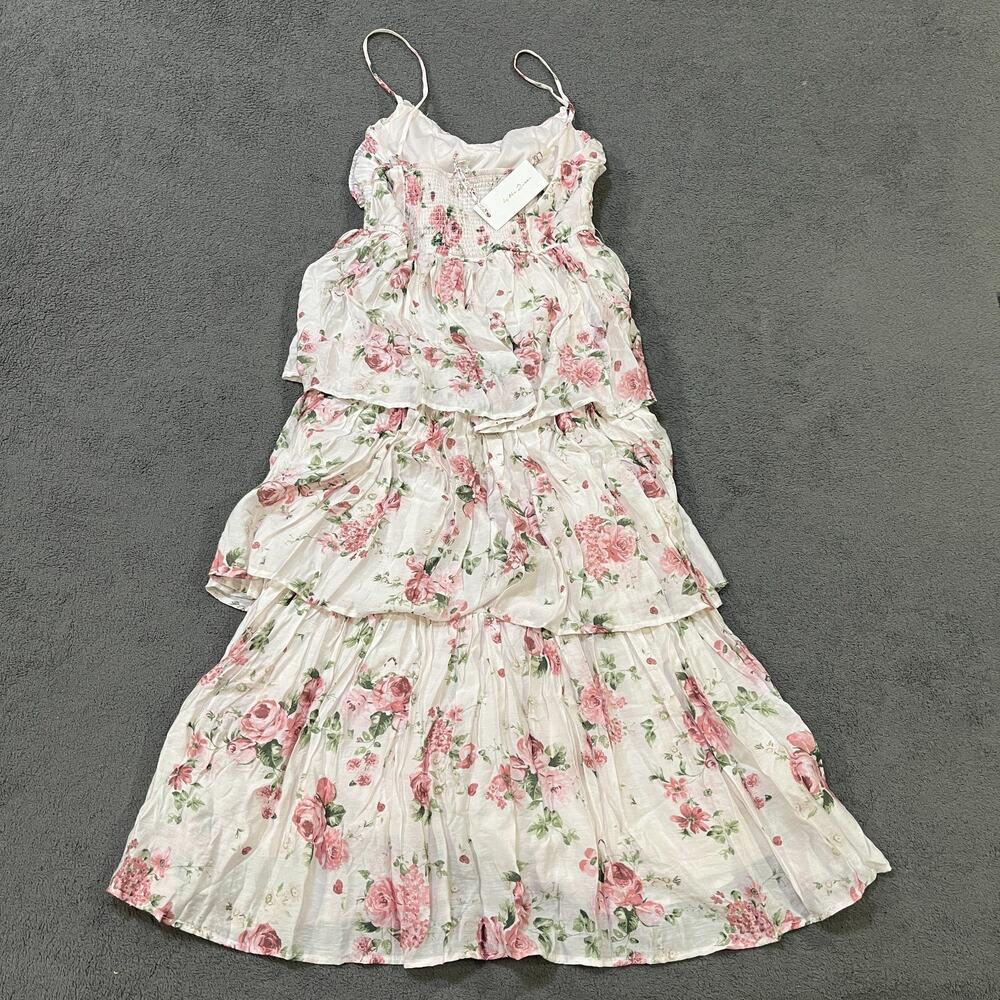 By The River Floral Tiered Maxi Dress White Bow Front Cutout Women's Size M NTW - Picture 2 of 9